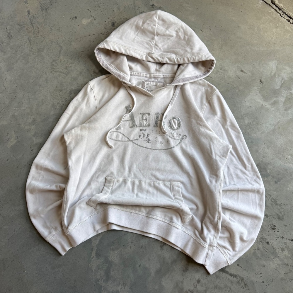 Aeropostale Womens XL Hoodie Cream Silver Glitter Sequin Logo Pullover Sweater